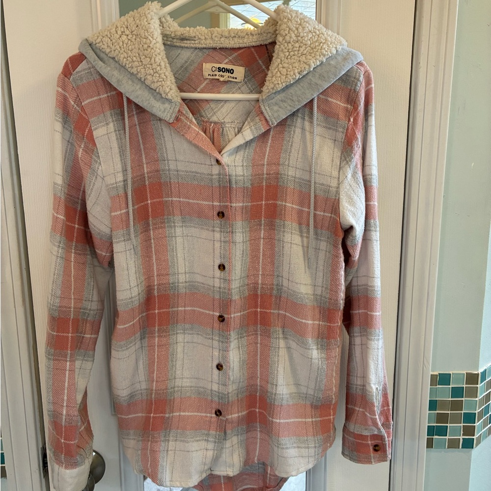Ci Sono Pink and Gray Plaid Flannel Shirt with Hood